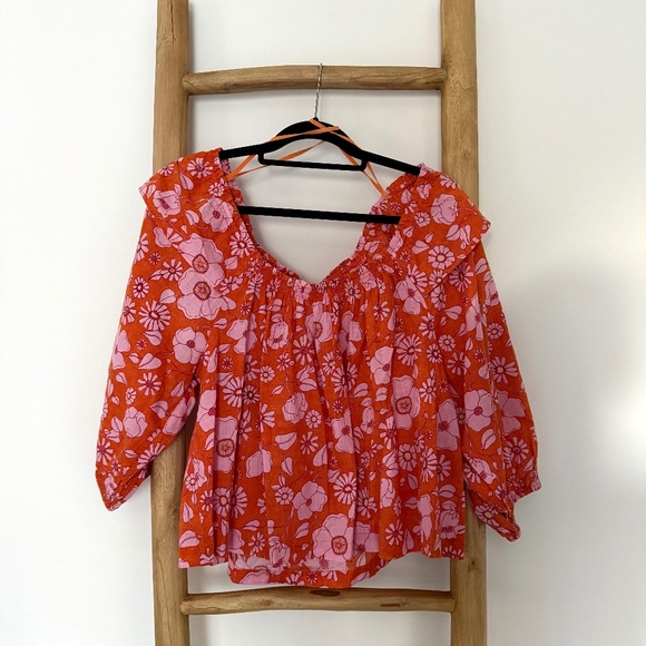 Free People Women’s Orange/Pink Floral Peasant Blouse, XS - Picture 1 of 4